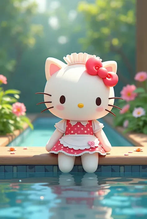 Hello Kitty in a maid outfit on the pool adorable 