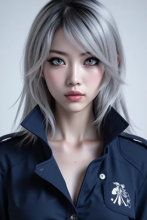  Full body image of an 18-year-old young woman with Japanese features . She has long ash-white hair .  Large, slightly torn sky blue eyes with black eyeliner. She wears a navy blue almost black Filipina uniform and a high lapel, The first button is unbutto...