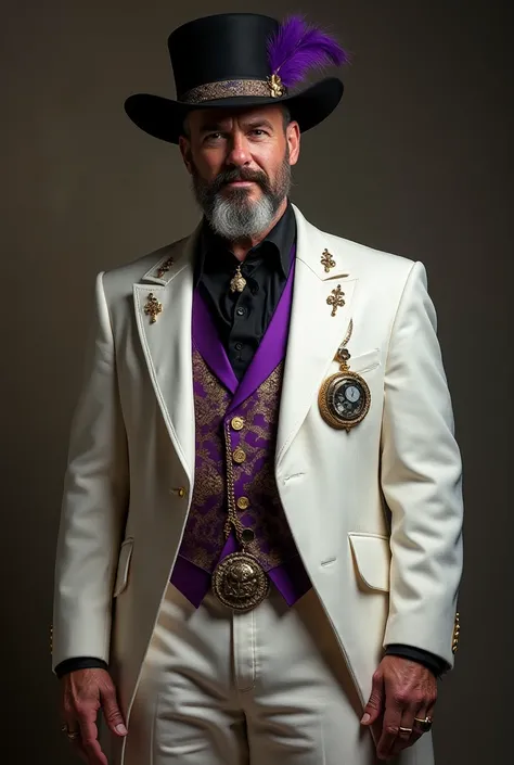 
White frock suit jacket
purple and gold saint flur cest with a gold chain holding a silver pocket watch visible from vest
black under shirt with a gold bolo tie with a gross holding both strings
white pants brown leather belt witha round buckle that a vam...