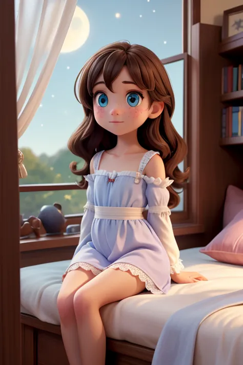 A young girl named Lily, around , with long curly brown hair, deep blue eyes, and fair skin with a hint of freckles, sits by her wooden-framed window at night. She wears a soft white nightgown with delicate lace on the sleeves. Her small bedroom is cozy, f...