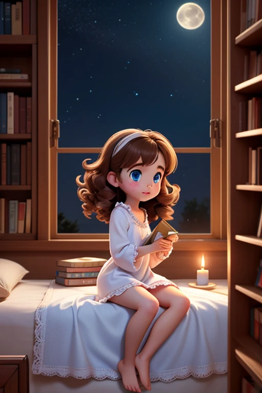 A young girl named Lily, around , with long curly brown hair, deep blue eyes, and fair skin with a hint of freckles, sits by her wooden-framed window at night. She wears a soft white nightgown with delicate lace on the sleeves. Her small bedroom is cozy, f...