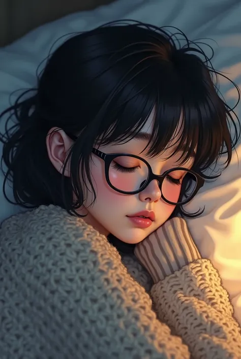  Pretty age girl in glasses with black hair and fringes, wearing sweater,  sleeping ,  messy hair ,  wearing lenses