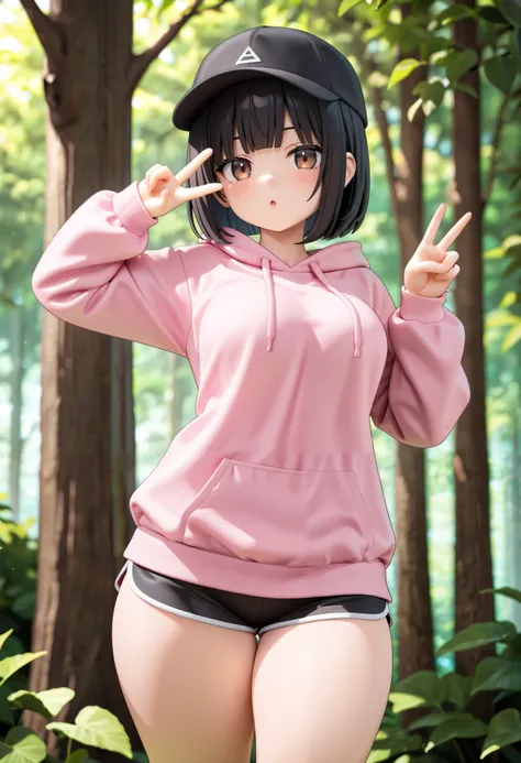 1girl, imouto, bob cut hair, straight bangs, medium breasts, thick thighs, black hair, brown eyes, wearing a black cap, oversized pink hoodie, black shorts, V hand pose, forest back