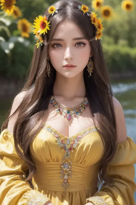 (  Absurdly ,  High Quality  ,  ULTRA DETAIL ) ,( Handmade ) ,  1 girl, Alone,  mature,   very long hair , Sunflower Hair ,  beautiful crystal eyes  ( Eye details ) Baroque,  necklace,  long dress ,  Long Sleeve ,  elegant ,  colorful ,  Best Details ,  up...