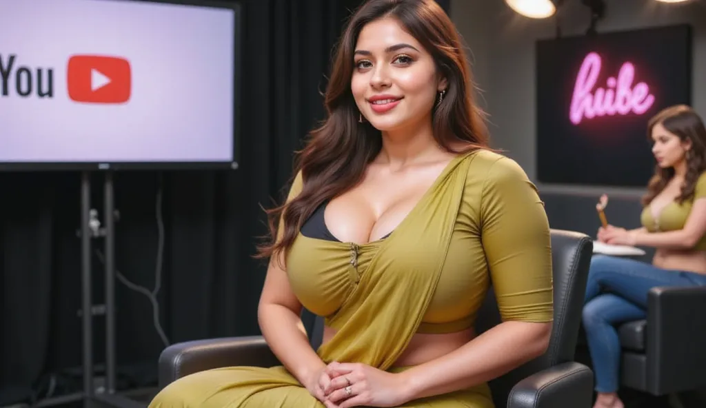 A plus-size woman with a warm and confident expression sits in a modern YouTube studio, looking directly at the camera. She wears a beautiful saree with a stylish sleeveless blouse, draped elegantly. The background features soft lighting, a microphone, a c...