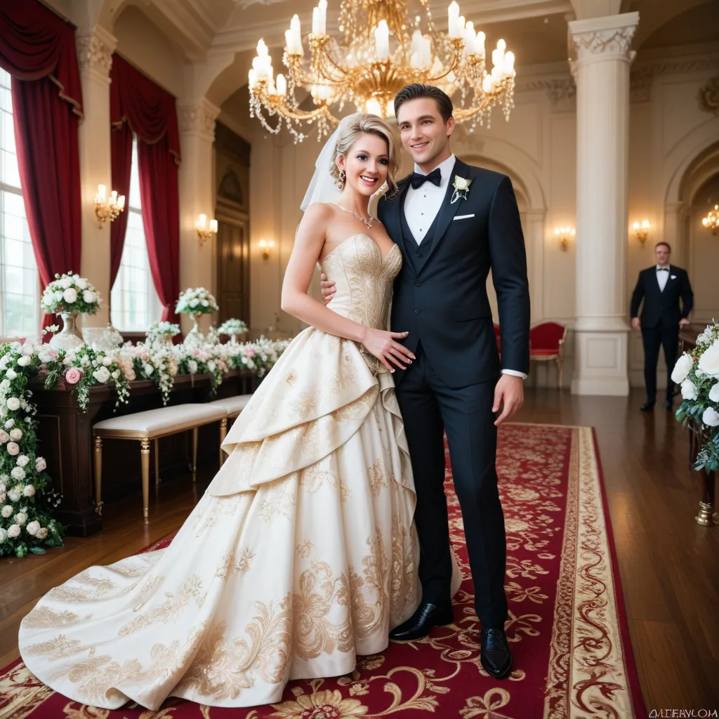 "A luxurious wedding ceremony set in an opulent indoor venue featuring grand chandeliers, intricately decorated walls with gold accents, and a polished wooden floor. The bride stands gracefully in an elegant, shimmering gown while the groom wears a refined...