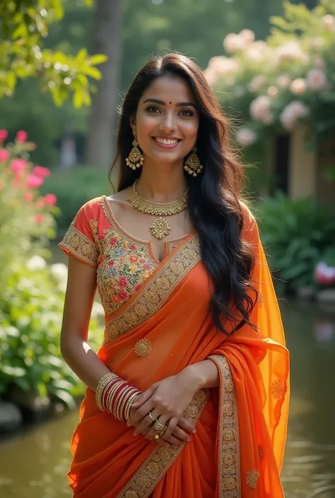 generate image An attractive Indian beautiful lady wearing Indian attire shoot in a beautiful garden who is a youtuber by profession and gives words of wisdom to everyone