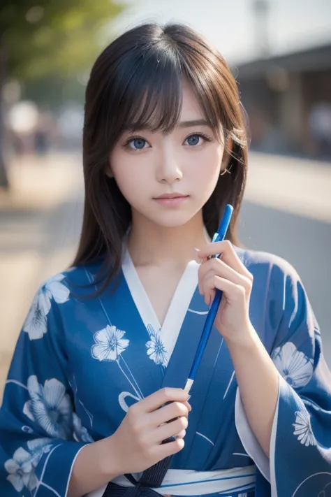 ((Masterpiece, top quality, Ultra Fine, high definition )), Alone, beautiful girl , Eyeliner, perfect eyes, , blue theme, yukata, firework