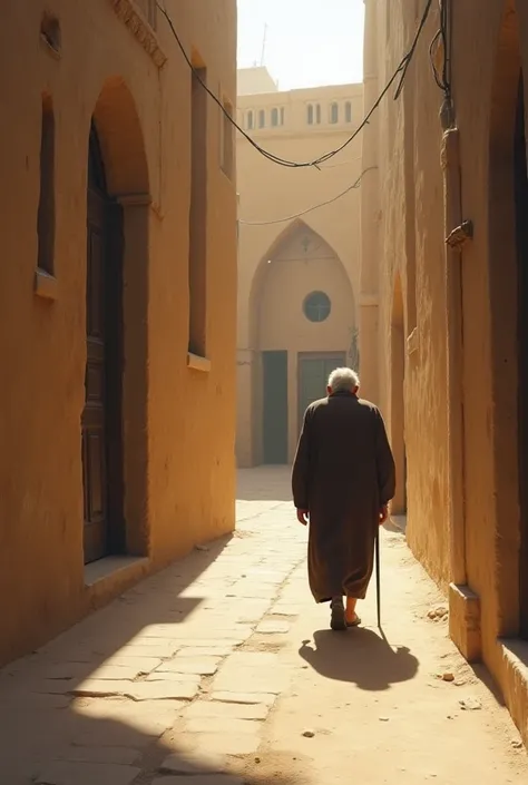 An old person walks alone in an old alley in Yazd and we see him from behind.