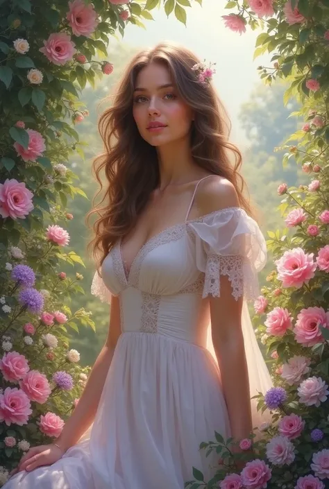 feminine woman, flowers, pink, cottage core aesthetic, semi realistic art style 