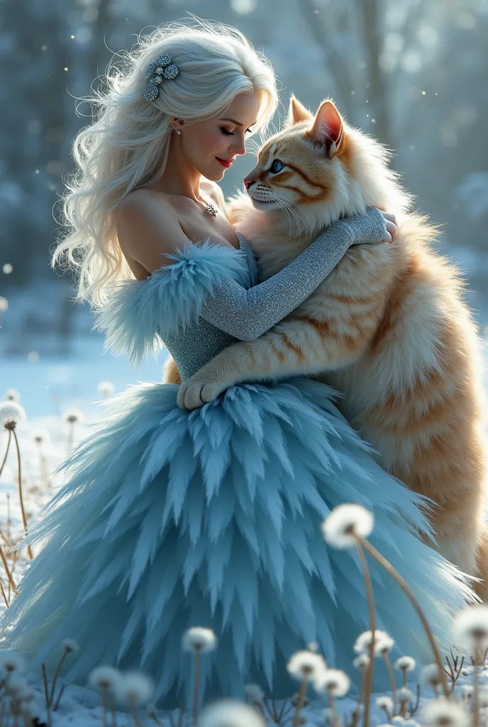 a beautiful woman wears a dress made of frozen feathers, her hair is like feathers, huge shining eyes, her beautiful face is frozen, she is dancing with a huge cat whose long fur looks like frozen feathers, surrounded by snow and dandelions, in the style o...