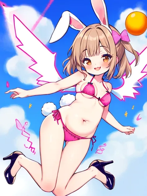   correct skeleton，Young girl，Minimum， short stature ，SSBBW💕chibi💕肥満， chubby, Rabbit Ears， Laced Strappy Bikini  ，Estrus，smile，Short legs，Short legs，free fall ，jump，Aerial， day，Spread your wings，Excess meat that floats up with G，Protruding belly，Denies uni...