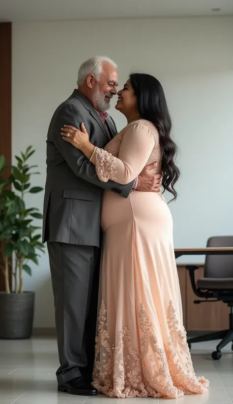 60 year old man, and a Indian plus sized 25 year old woman hugging in a office, wearing highly embroidered designer chiffon net mini skirt and blouse in a office, she is hugging him , full body image