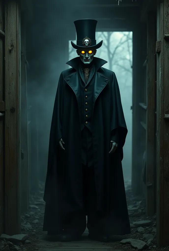 A dark phantom wearing a top hat with a skull on it. With a pale white and blue  phantom face glowing yellow eyes, in dark and creepy eooden shack house. 