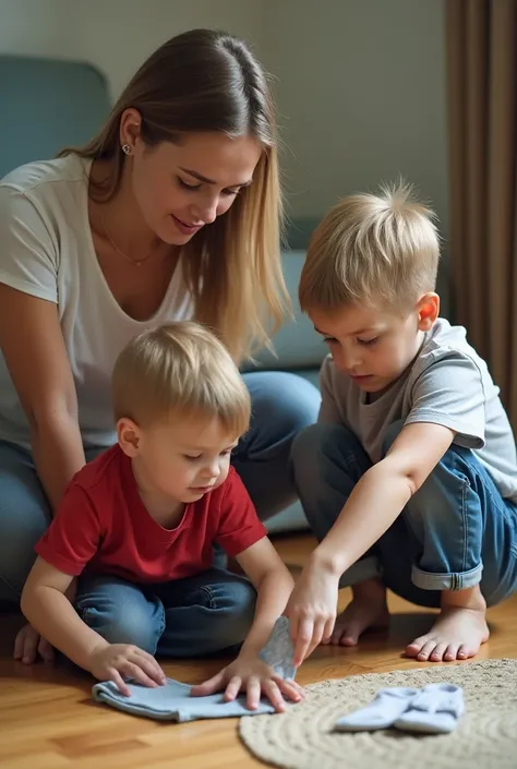 Where a mother is teaching her two boys,  a teenager and a younger one ,  
 Pointing to some socks on the floor while the ren,  with an attentive attitude and a little embarrassed ,  pick up socks  .  Let the image be realistic 