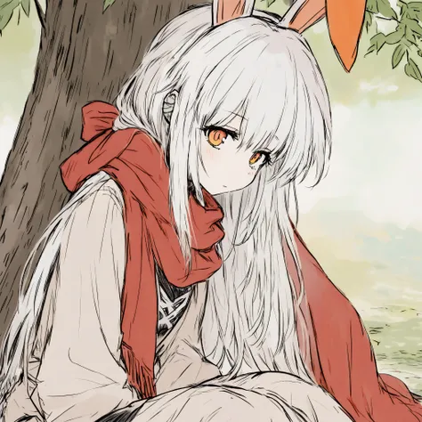 Bunny Ear Girl / Red scarf / Leaning against a tree / Orange eyes / Long white hair / There is a bandage on the right ear 