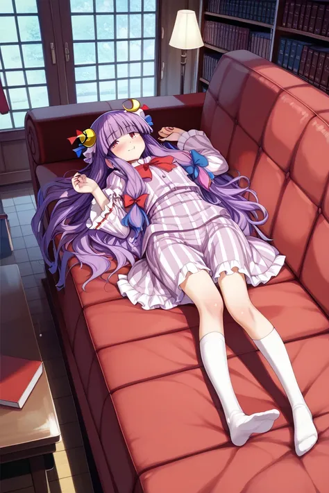  detailed depiction of up to the front door、((Touhou Project's Patchouli Knowledge))、((( patchouli norge )))、((( is in the Crimson Demon Museum library at night)))、(((Lying on the sofa)))、(( in the room))、(((( kind expression))))、 (((( height 155 cm)))、(((...