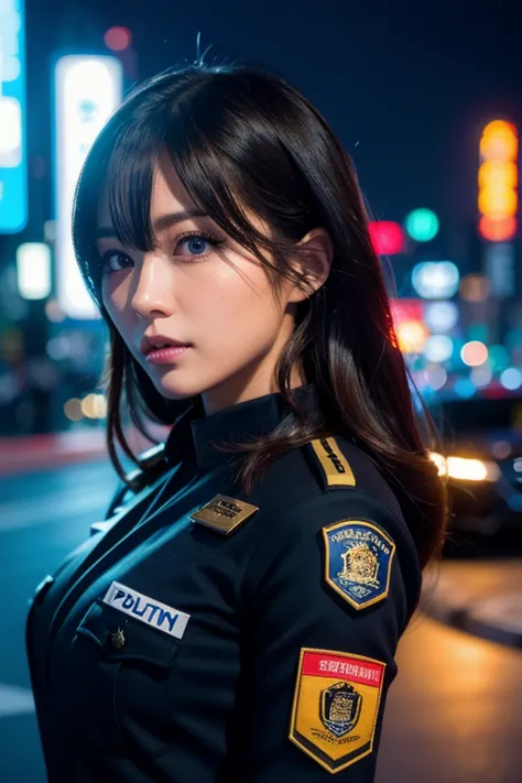 a beautiful female japanese police officer in a futuristic metropolis at night, detailed portrait, beautiful detailed eyes, beautiful detailed lips, extremely detailed face, long eyelashes, police uniform, realistic, photorealistic, 8k, masterpiece, cinema...