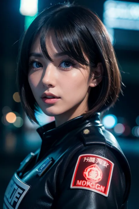 a beautiful female japanese police officer in a futuristic metropolis at night, detailed portrait, beautiful detailed eyes, beautiful detailed lips, extremely detailed face, long eyelashes, police uniform, realistic, photorealistic, 8k, masterpiece, cinema...