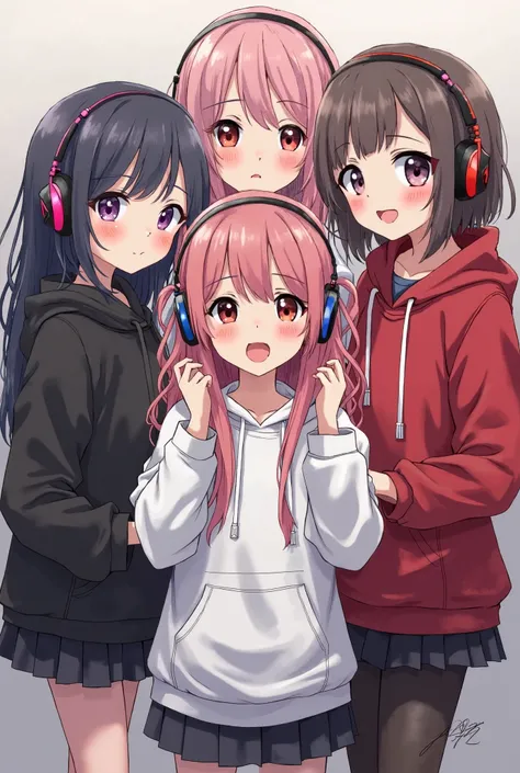 4 gadis anime gamers memakai headphones. The first girl with the name of Joley in the middle of a black color hoodie. The second girl with the name Mamai in the middle of the hoodie of pink color . The third girl with the name Bocil in the middle of a hood...