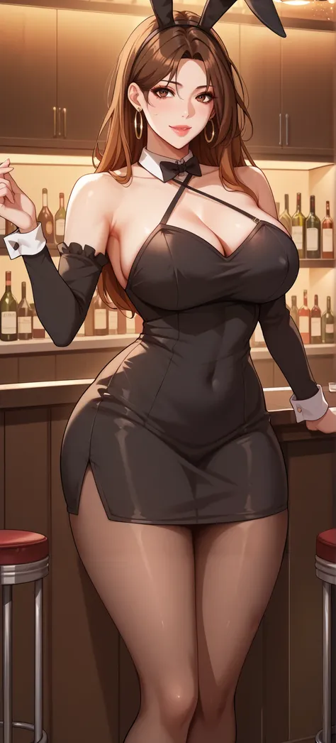  ,score_9, score_8_up, score_7_up, score_6_up, MuQianqian, brown hair, long hair, brown eyes, large breasts, hoop earrings, halterneck, halter dress, bare shoulders, black dress, tight dress, short dress, bunny costume, bunny girl cosplay,detached sleeves,...