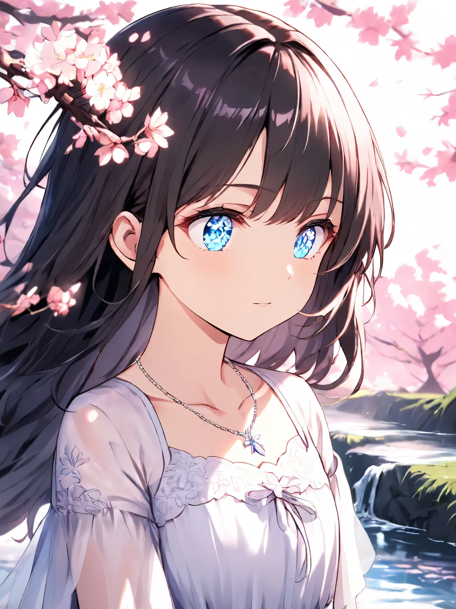 ( high quality ,  super precise ) ,( Handmade ) , 1  girl, Alone,  semi-long hair ,  Crystal Eyes ,  necklace,  dress, HIGHEST DEFINITION ,  upper body , Along with the river and cherry blossoms, flat chest, 