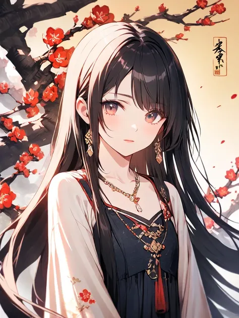 ( high quality ,  super precise ) ,( Handmade ) , 1  girl, Alone,  semi-long hair ,  necklace,  dress, HIGHEST DEFINITION ,  upper body , Along with the river and plum blossoms, flat chest, 