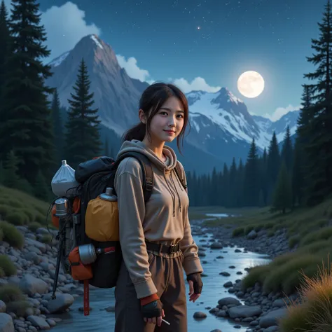  1 female(( Upper Body Selfies ,  happy)),  masterpiece,  best quality,  super high resolution, Alone,  outdoor, (  night ), Mountain々, nature, (star, moon)  cheerful,  happy,  backpack, sleeping bag,  Camping Stove, Water Bottle, Mountain boots,  gloves, ...