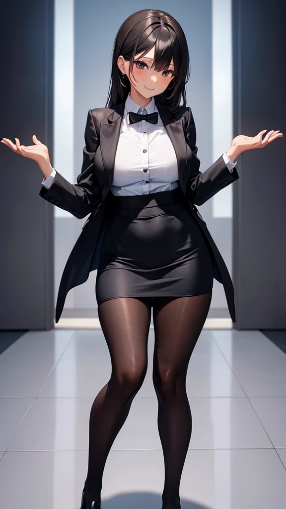 sexy older sister in a black business suit　　 　　The black tie is tight　 black pencil skirt 　Brown tights　A radiant smile　  high res　  high res　 with open legs