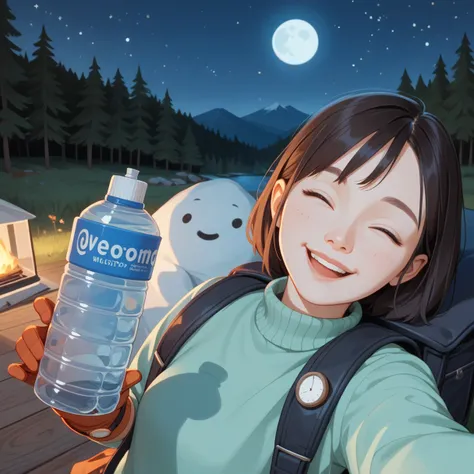  1 female(( Upper Body Selfies ,  happy)),  masterpiece,  best quality,  super high resolution, Alone,  outdoor, (  night ), Mountain々, nature, (star, moon)  cheerful,  happy,  backpack, sleeping bag,  Camping Stove, Water Bottle, Mountain boots,  gloves, ...