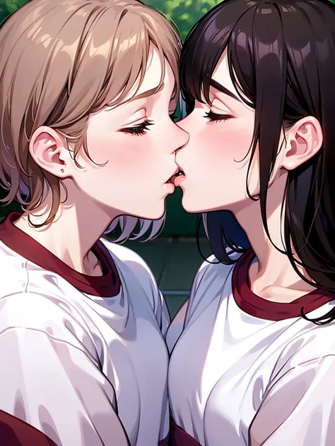 2girls:1.9, Lesbian Girls, yuri, yuri kiss, kiss between lovers :1.7, Girls who entangle each other's tongues, Swapping Drool, Place your hands on your shoulders and neck, sweated, Warm embrace, on tree branches drool, (((((gym uniform, white shirt, buruma...