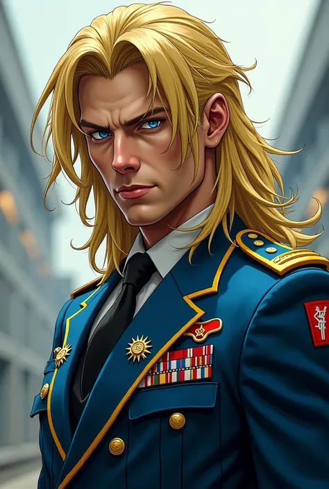 Make the image of an adult male ,Looking based on Jojo's Funny Vanelentine Part 7,  Long blond hair, uniforme militar gholst,  defined body,  blue eyes