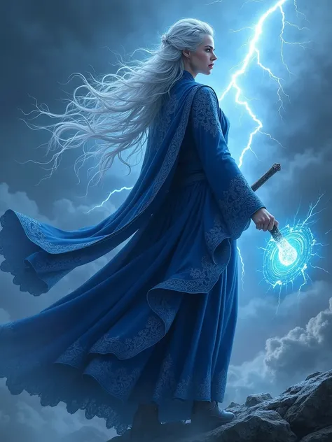 a striking female electric mage, embodying the raw power and ancient magic of the storm. she has long, flowing silver hair that crackles with energy, and her electric-blue eyes shimmer with arcane knowledge. her skin glows faintly with traces of magic, and...