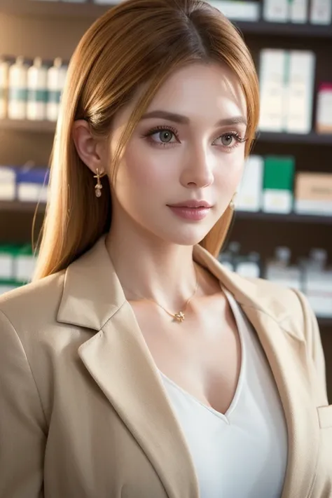 a beautiful 30 year old female pharmacist, extremely detailed face and eyes, beautiful detailed lips, long eyelashes, elegant expression, wearing a white lab coat, detailed lab equipment, interior of a modern pharmacy, (best quality,4k,8k,highres,masterpie...