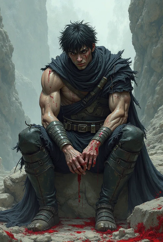 Guts anime character wounded and in despair sitting on a rock 