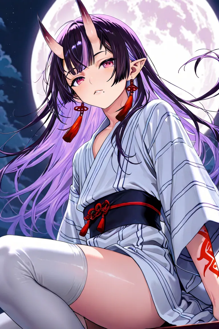 (1male:1.2), male focus, in the night, ,solo,1boy, otoko no ko, virtual youtuber, mole under mouth, black hair, purple hair, multicolored hair, long hair, bangs, horns, oni, oni horns, pointy ears, tassel earrings, Arm Cover, thighhighs, jewelry, Moon, whi...