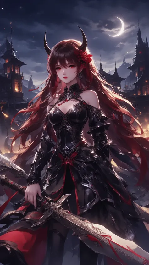 night， Fireyaki Castle , Masterpiece 1.3,  Japanese Demon Warrior Girl ，Smile， Delicate Face ， Red Liu Hai Long Hair , Black Devil's Horn，red eye shadow，Chest,  Wearing Sexy Armor ， Black V-Shaped Design Armor ， Red Stripe Design ， Black Skirt ， Red Skirt ...