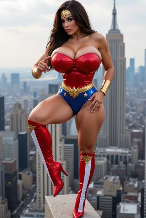 10k detail. Hyper realistic with no deformities. Create a masterpiece profolio image of Sybil Stalone the Brazillian model dressed as Wonder Woman from detective comics. Her costume is glossy spandex. She has red knee high glossy latex boots with stilettos...