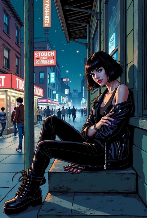 Spider-Man comic style. A girl with short black hair,  blue eyes, rocker style, Sitting on a porch watching the busy night, smoking a cigarette,  white skin. comic style