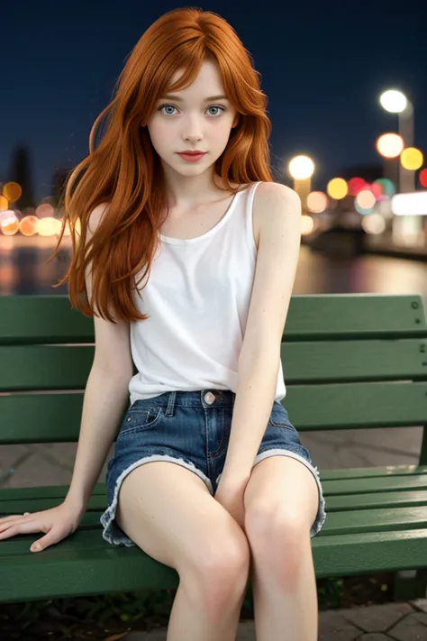  (8yo skinny redhead girl:1.2) in a bench at night waiting for a bus, cute young girl, beautiful young girl, she has long red hair, emerald green eyes, she is redhead, red haired girl, very pretty model, beautiful girl model, she has red hair, red hair gir...