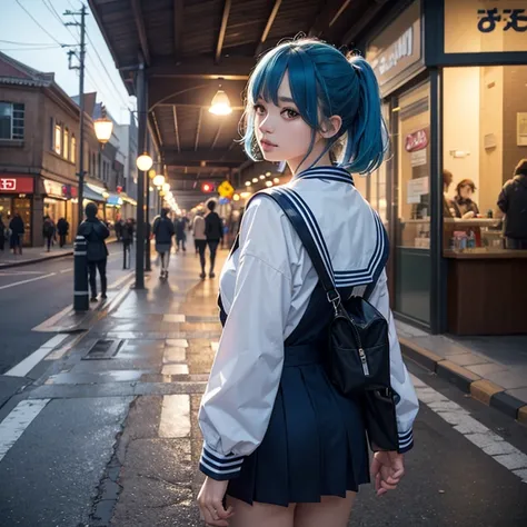  cute high school girl with strawberry pattern (age:1.2)、 big red ribbon、 light blue hair、sky blue hair 、ダークブラウンのeye、( cute sailor suit)、Light blue highlights、 walking down the street 、( looking back and facing the viewer)、(whole body)、( camera angle :far ...