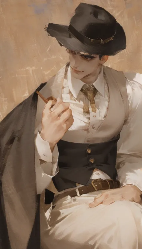 Hot tall muscular tall man with muscular physique with ((wearing a straw boater hat)) ((wearing a waistcoat, and 1 belt)) He is sweaty flexing his muscles like a Greek God. ((He has a small waist)). hard lighting. Arms resting ((smirking)) (( abs)) Ultra d...