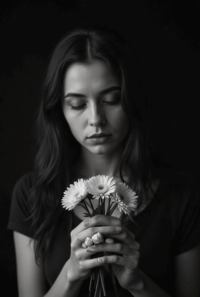 black and white image of woman holding flowers