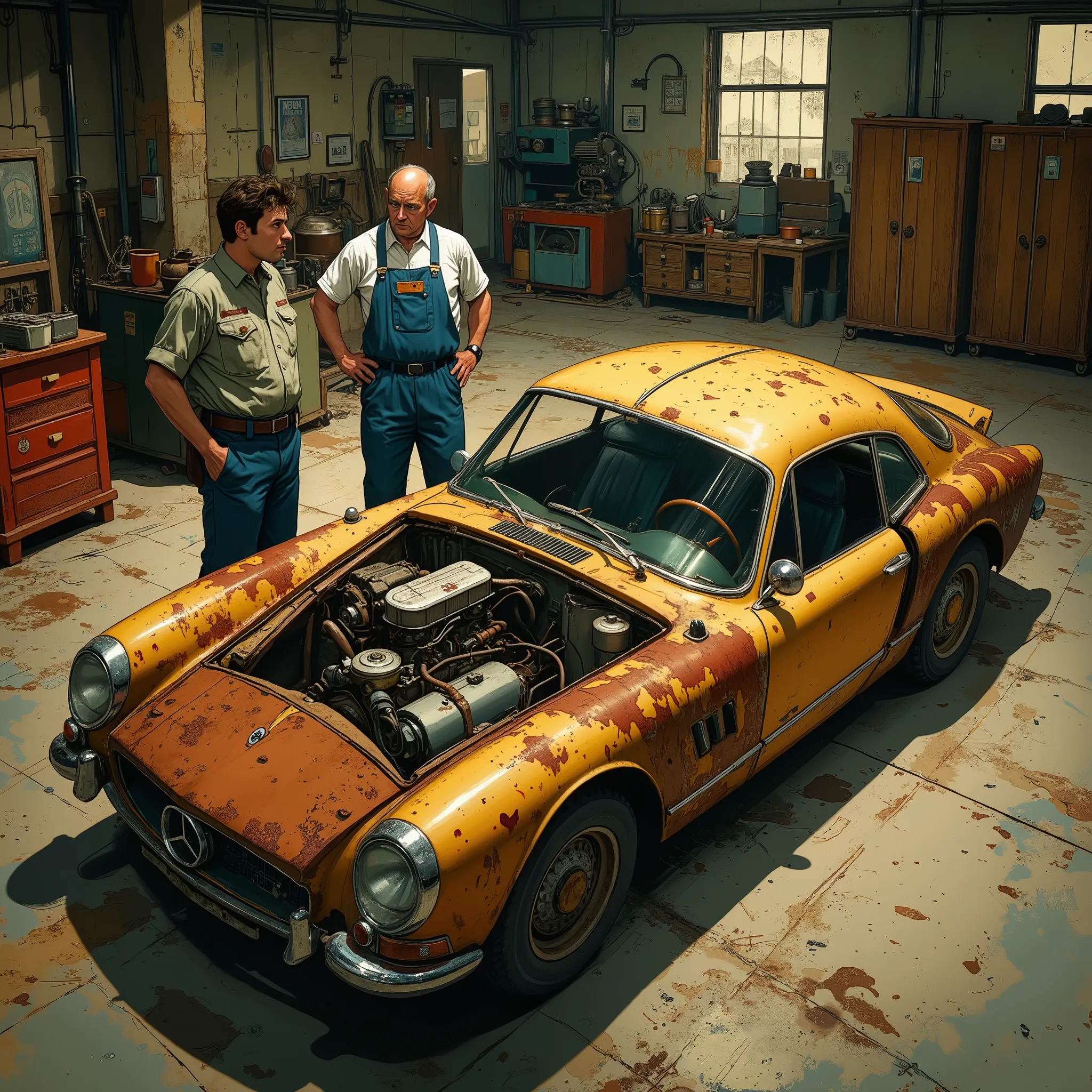 Cartoon,Inside a factory, a mechanic and a fat buyer are arguing in front of an on-board broken-down rusty vintage sports car, a vintage sports car with an open hood、 Vintage sports car with exposed engine,open-bonnet,from above,high angle