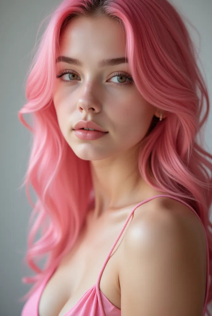 a beautiful 18 year old girl with pink hair wearing a pink dress, petite figure, cute facial features, closeup portrait, small bikini, highly detailed, photorealistic, 8k, HDR, studio lighting, cinematic, vibrant colors, soft lighting, natural skin tones, ...