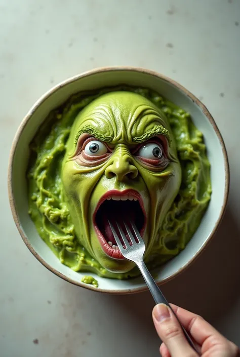 A hyperdetailed Mashed avocado bowl with a realistic human face. They are frightened.There is a person holding a fork about to eat them