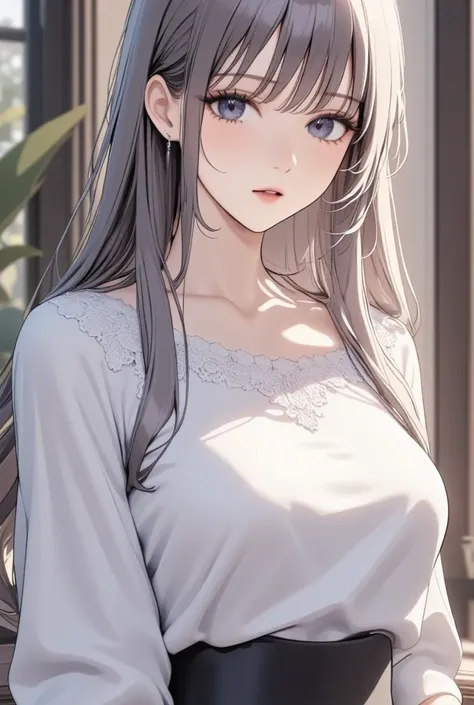 Silvery long hair,Loose wavy hair,Noble daughter,Pale blue eyes,Chastity,Clean and elegant, Masterpiece,  anatomically correct,  best quality,  high detail,  very detailed, 