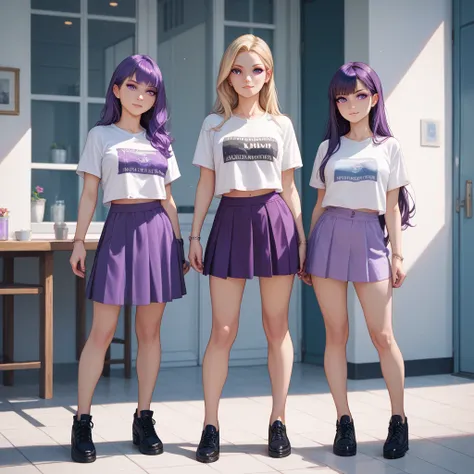 animation female character, 3girls, purple long hair, purple eyes, full body, standing, bare legs, white t-shirts, purple skirts, black shoes