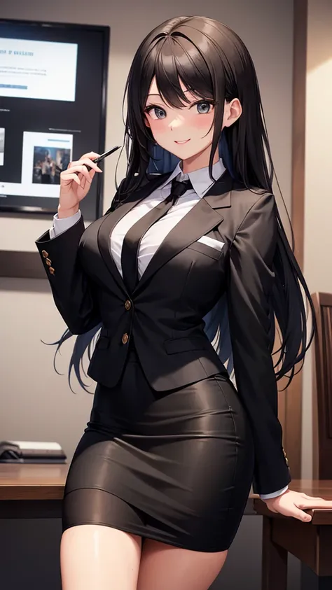 sexy older sister in a black business suit　　 　　The black tie is tight　 black pencil skirt 　Brown tights　A radiant smile　  high res　  high res　