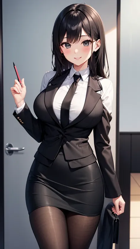 sexy older sister in a black business suit　　 　　The black tie is tight　 black pencil skirt 　Brown tights　A radiant smile　  high res　  high res　